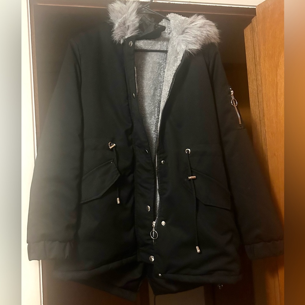 Apperloth A Drawstring Waist Fuzzy Trim Hooded Parka Coat
